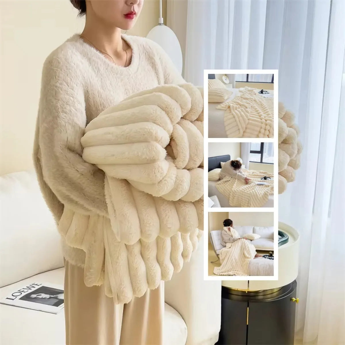 Solid colour double-sided faux rabbit fur bubble velvet blanket folded to show texture.