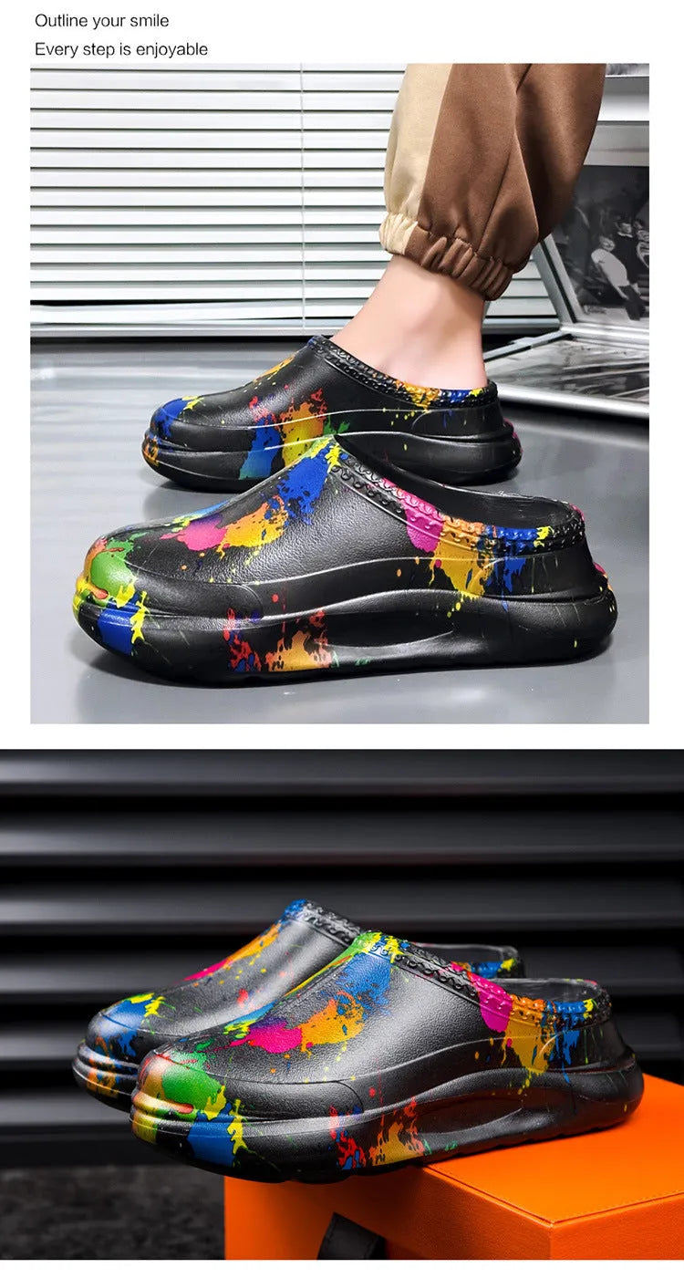 Men's black waterproof work shoes with toe cap and EVA sole.