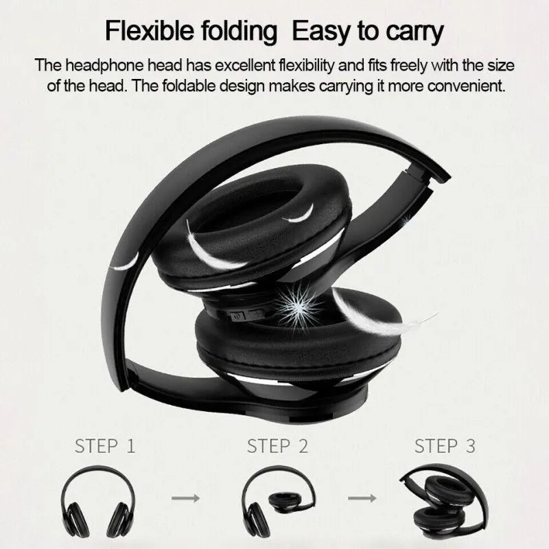 Black Bluetooth over-ear headset with microphone, showing USB charging port and 3.5mm jack