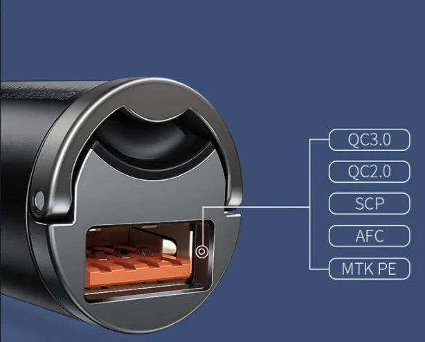 Baseus Electro-optical Grey single USB 30W PPS car charger with 1 metre cable.