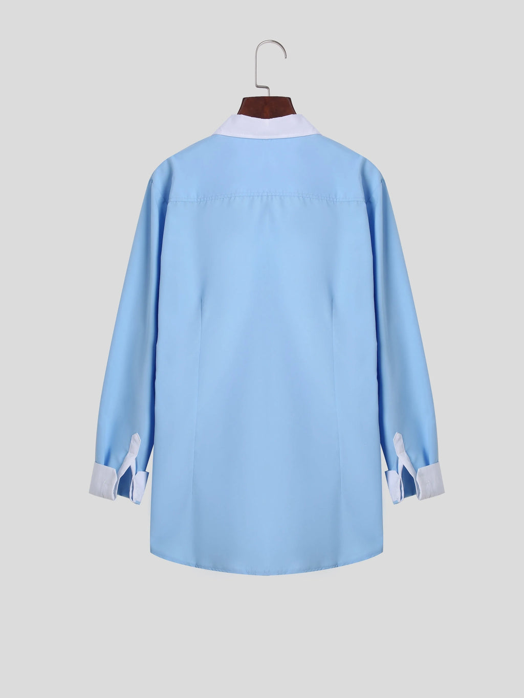Blue long-sleeved business shirt for teenagers with white contrast collar and cuffs