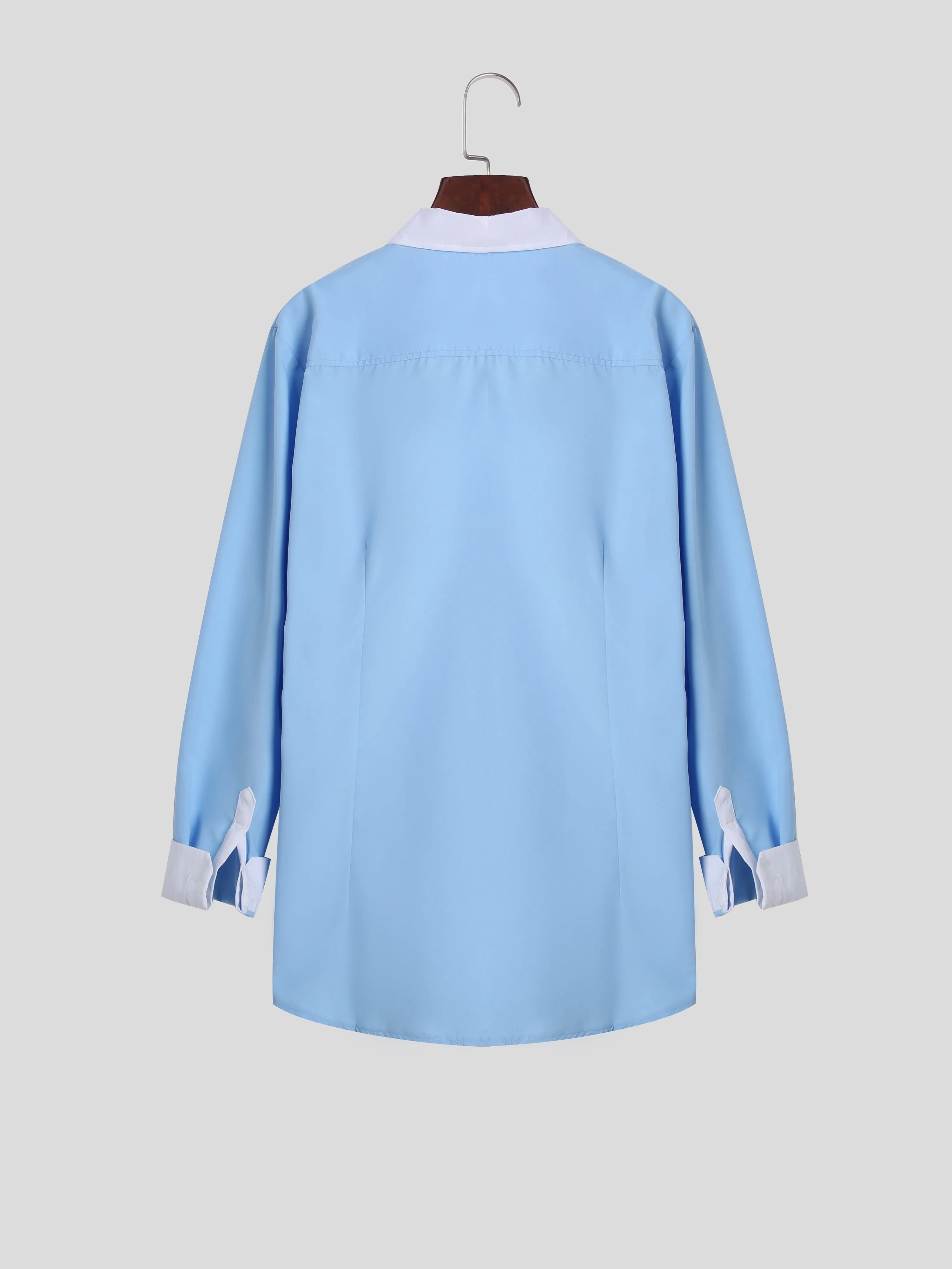 Blue long-sleeved business shirt for teenagers with white contrast collar and cuffs