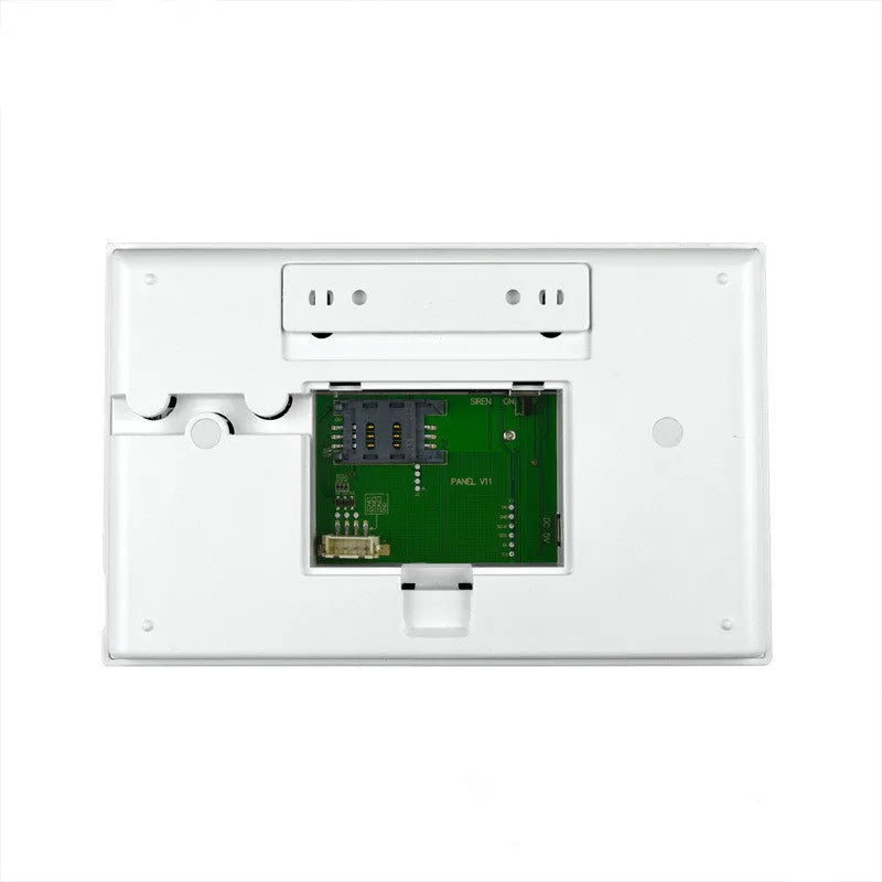White WiFi GSM touch button household burglar alarm host unit with LCD display and button panel.