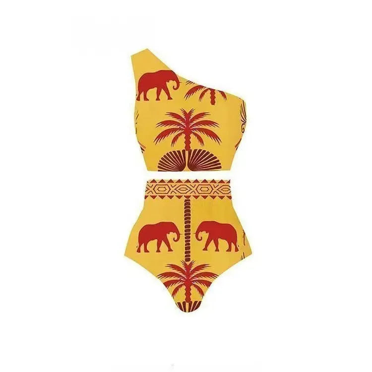 Women's black one-piece swimsuit with one-shoulder design for beach use