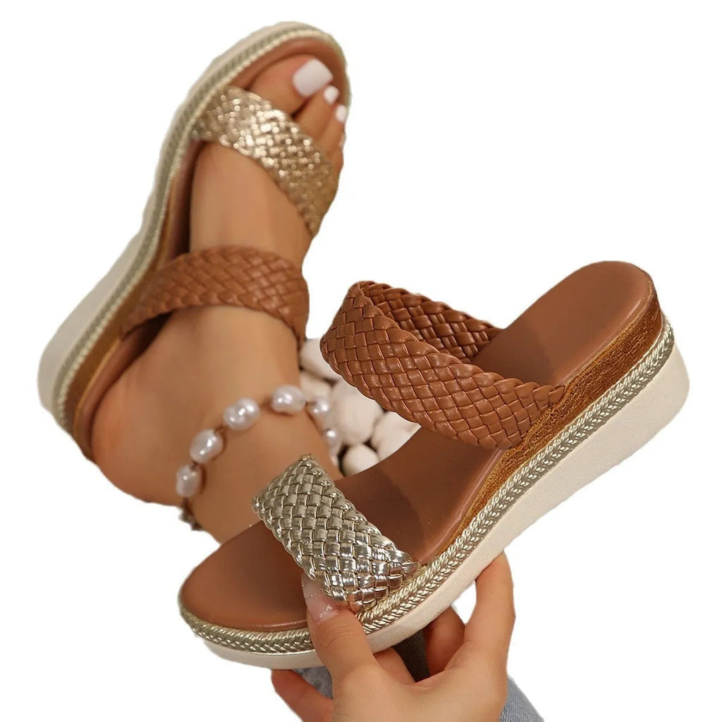 Gold and silver women's wedge sandals with PU upper and rubber sole on size chart 36-43