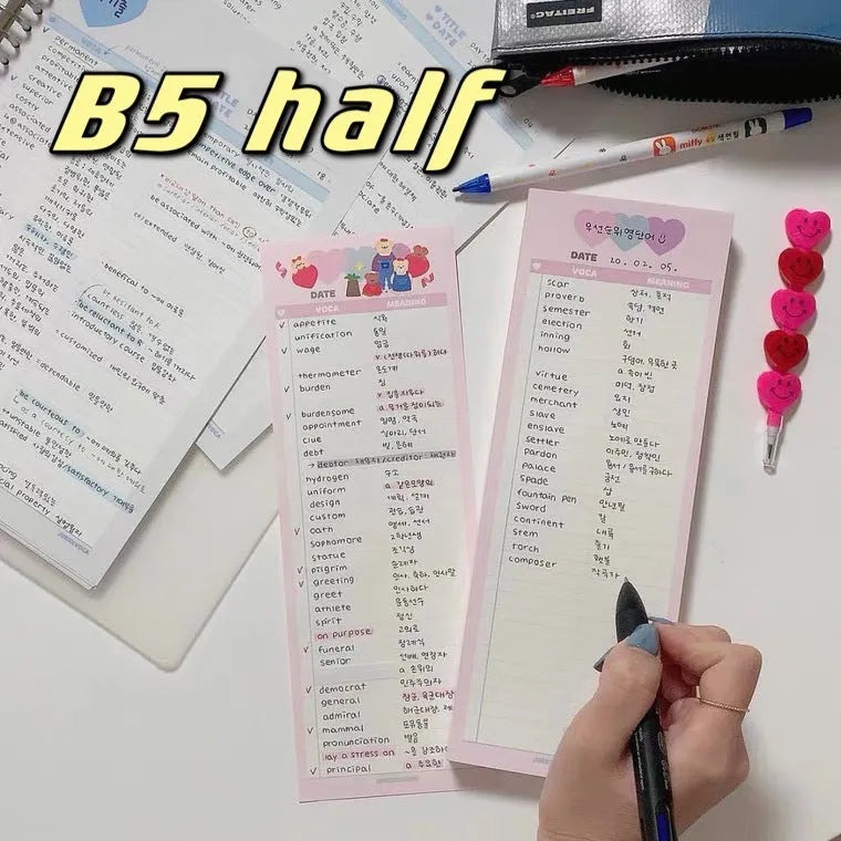 Vertical double-sided notepad with English words printing in B5 half size with coloured cover