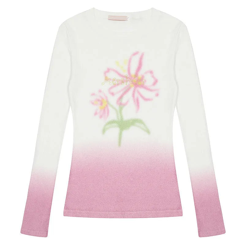 Women's long-sleeved T-shirt with gradient floral pattern in light pink or yellow green.