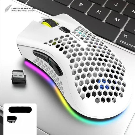 Hollow shell wireless mouse with LED lighting in black, cyan or white colour options