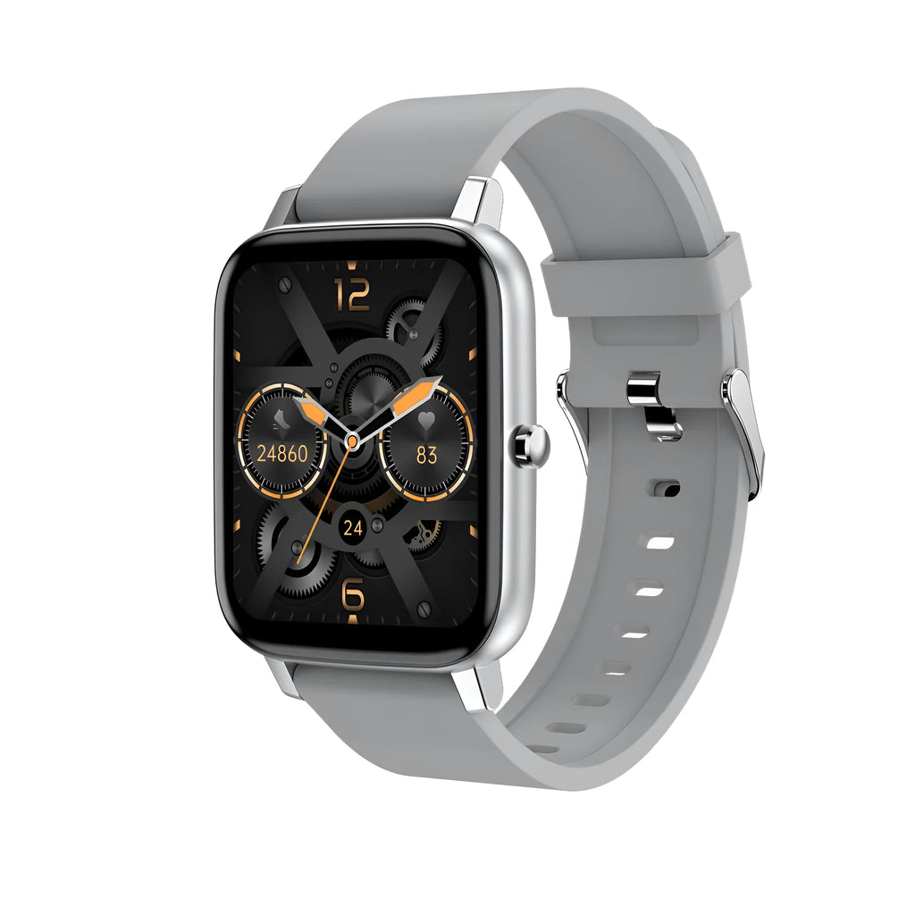 H80 smart watch with black silicone strap and 1.69-inch screen showing health metrics.