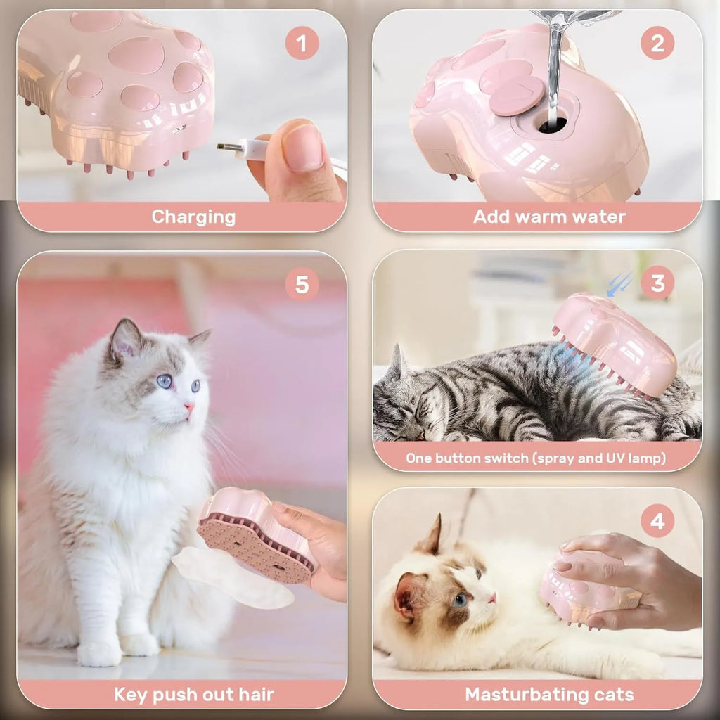 Self-cleaning cat steam brush with silicone bristles and rechargeable spray in blue colour