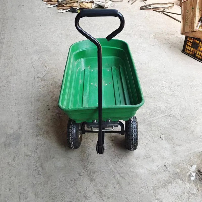 Green four-wheel plastic dump truck with steel frame and 940mm length body