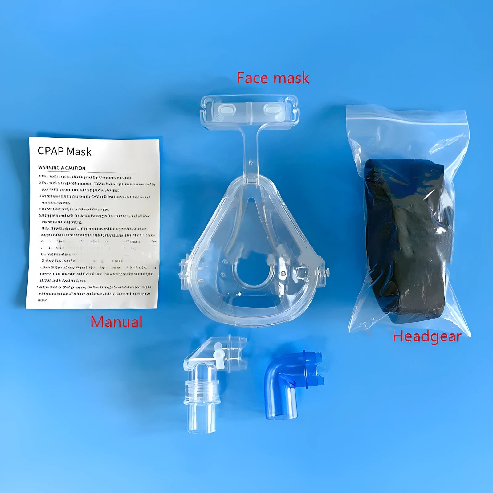 Transparent CPAP breathing mask with silicone seal, headgear, and two polycarbonate adapter elbows for ventilator connection.