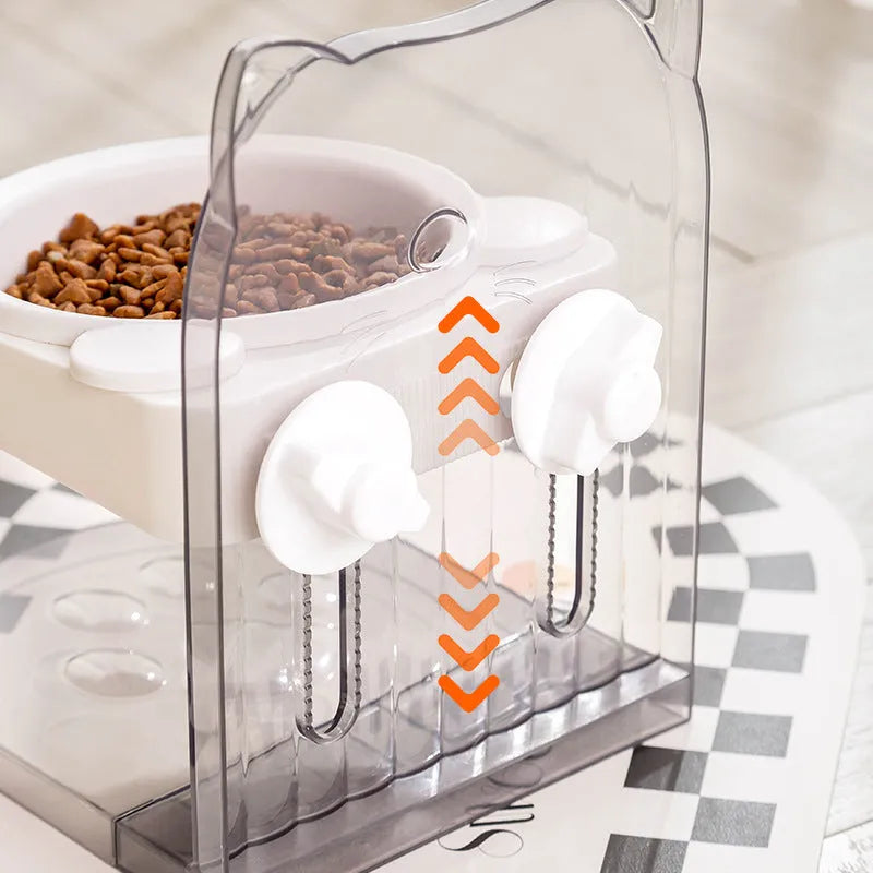 Adjustable height cat feeding bowl with anti-spill collar and neck protection design