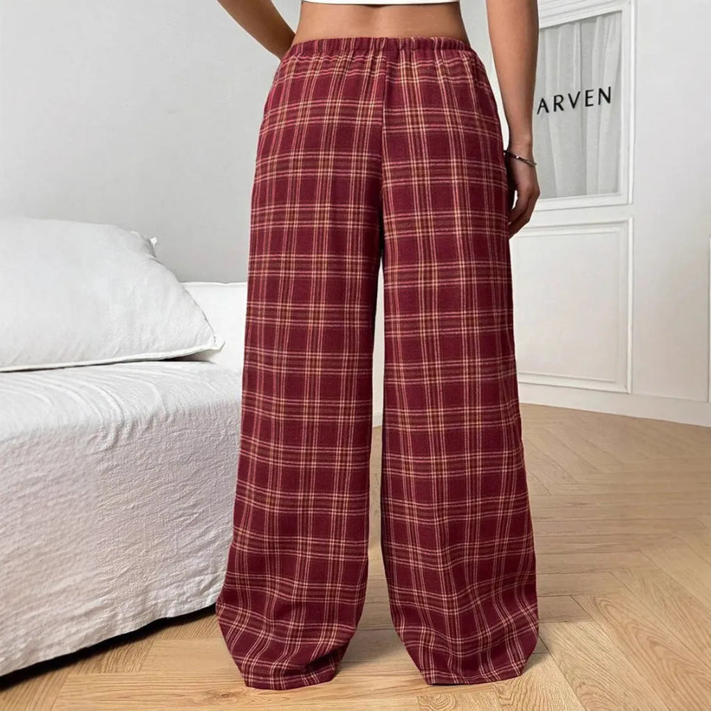 Blue plaid pocket on women's loose-fit casual trousers with a drawstring waistband.