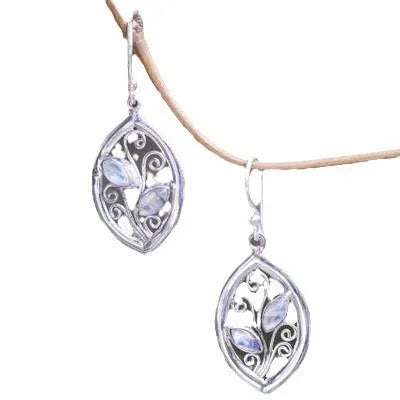 Women's silver-colour leaf earrings with colourful embedded moonstones in drop style