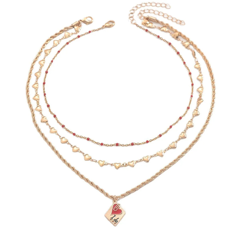 Zinc alloy geometric heart pendant on three-layer adjustable clavicle chain necklace