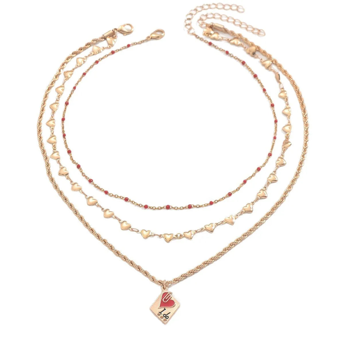 Zinc alloy geometric heart pendant on three-layer adjustable clavicle chain necklace