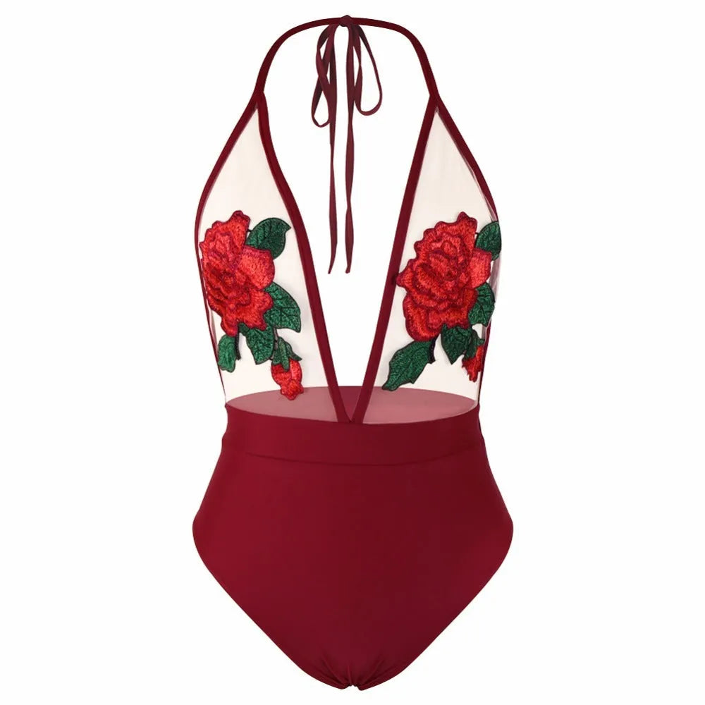 Embroidered halter neck bikini set in wine red showing siamese bottom and shoulder straps