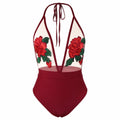 Embroidered halter neck bikini set in wine red showing siamese bottom and shoulder straps