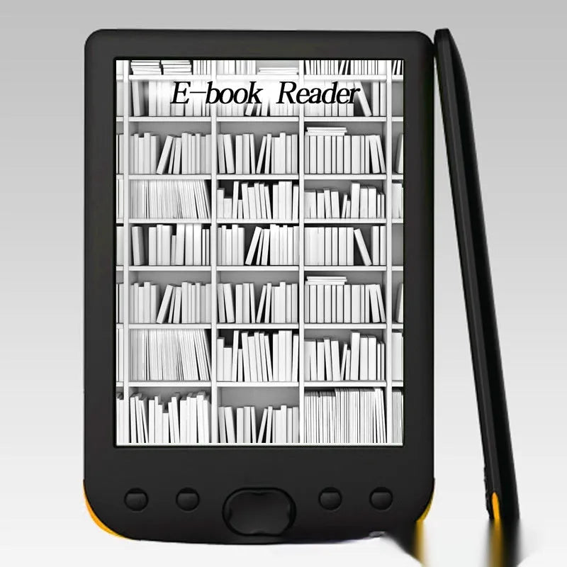 Black 6-inch E-ink e-book reader on a table showing a page of text.