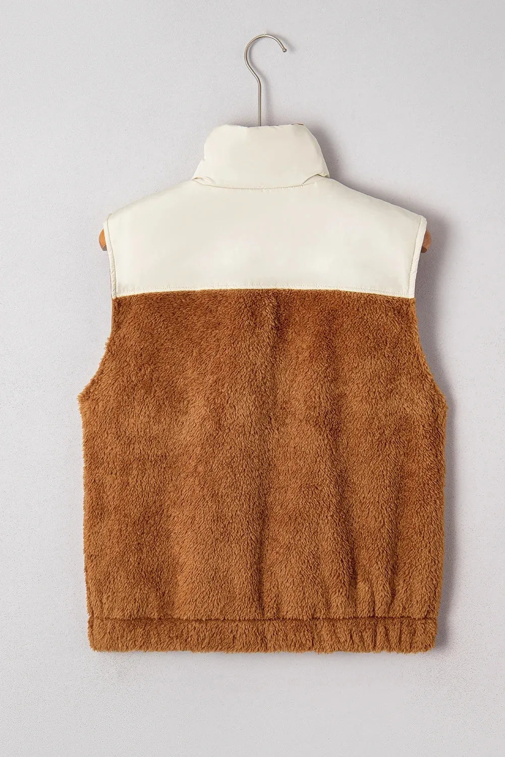 Women's casual maroon polyester vest with stand collar and stitching details