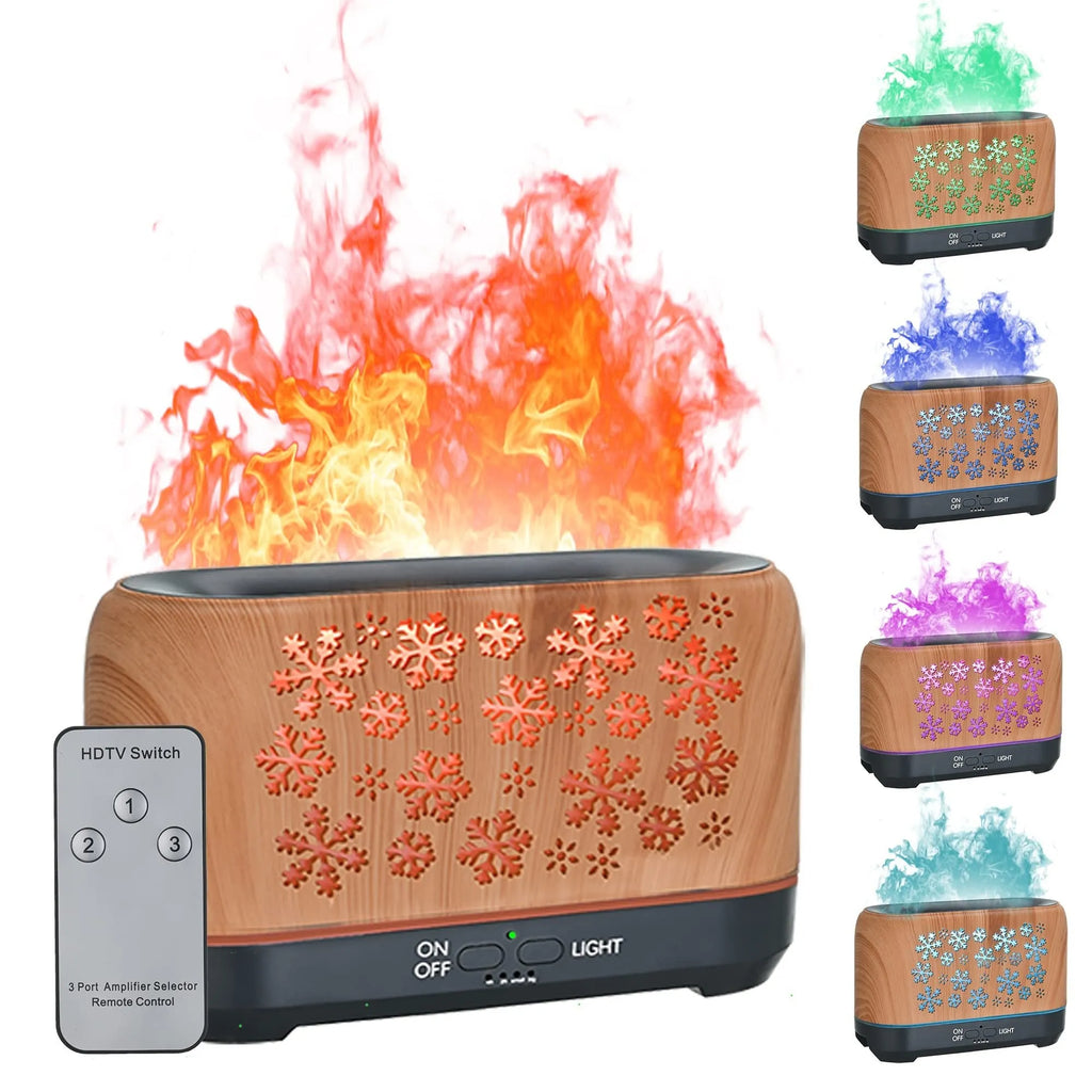 Christmas snowflake pattern ultrasonic aromatherapy humidifier with colourful flame light effect on a desk.