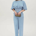 Blue polyester men's casual suit set with long sleeve jacket and matching trousers