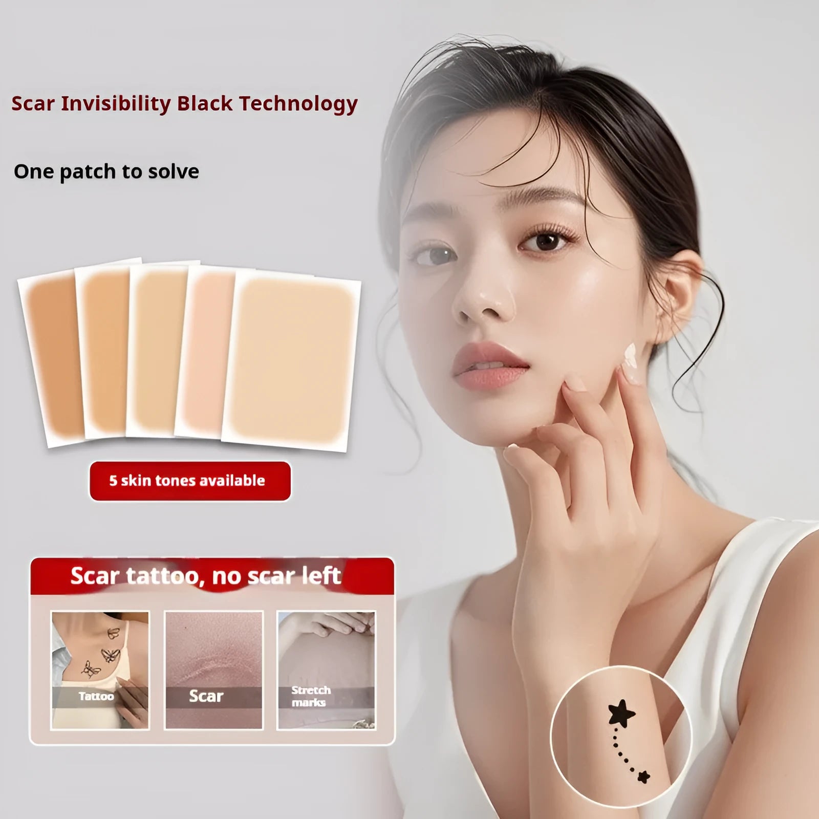 Tattoo cover patch concealer brush makeup tool in assorted skin tone colours.