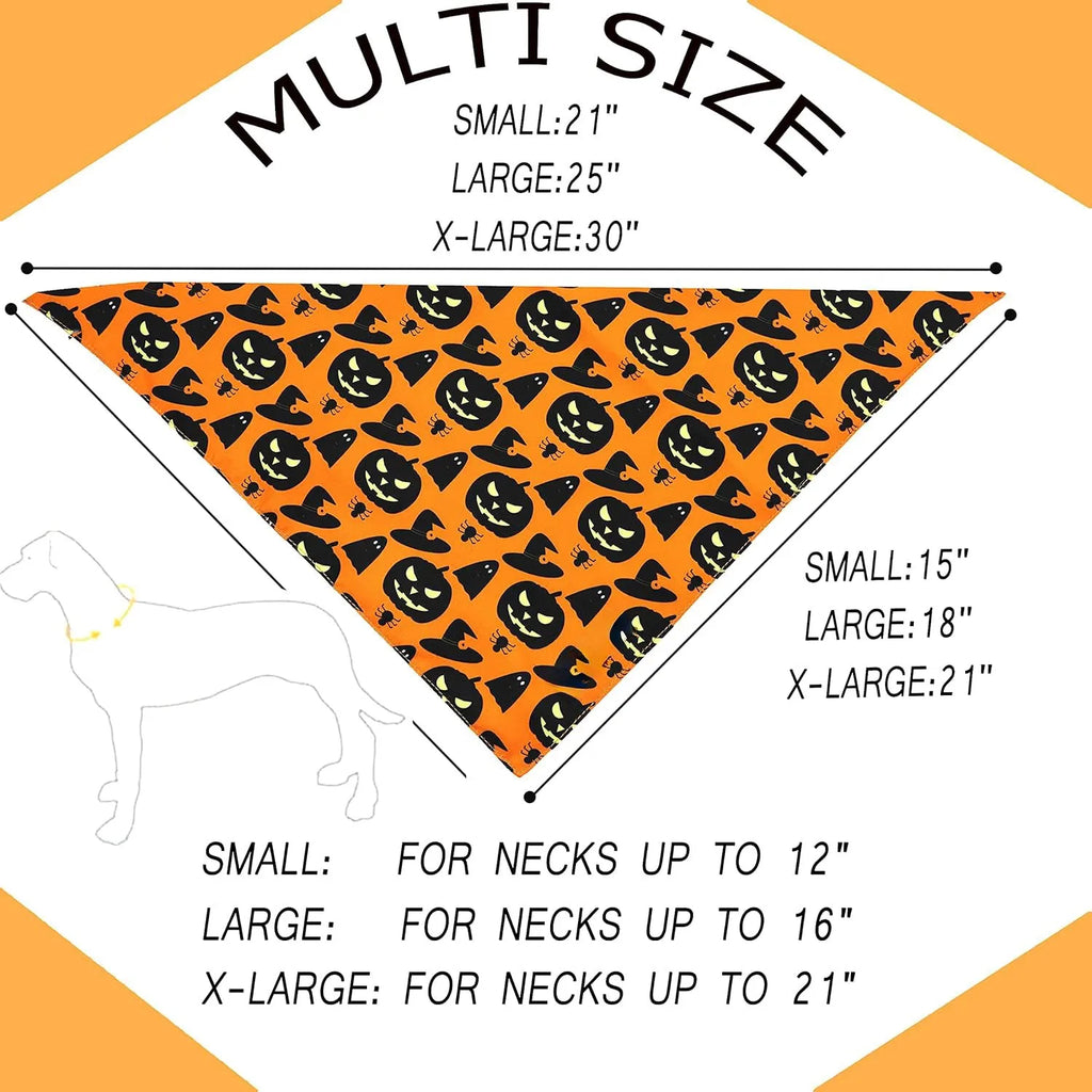 Black and orange reversible Halloween dog bandana with pumpkin and spider web patterns, adjustable for necks up to 16 inches