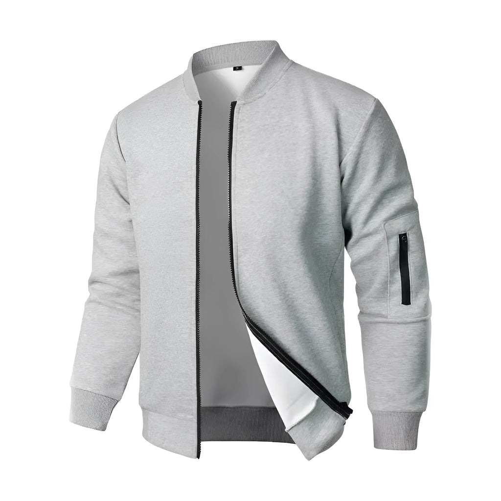 Men's loose fit cotton knitted jacket in grey with long sleeves and polyester lining