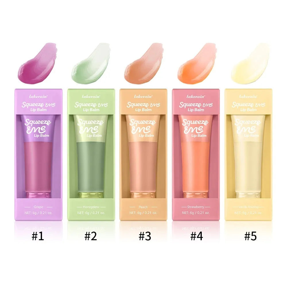 Sweet fruit flavour moisturising squeeze lip balm in 6g tube with five flavour options: Grape, Honeydew, Peach, Strawberry, and Vanilla Frosting