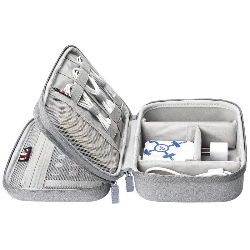 Black and grey EVA digital storage bags showing single layer and double layer internal designs for headset organisation.