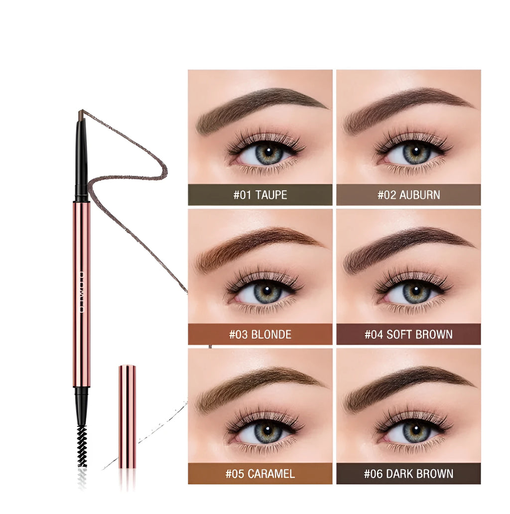 Eyebrow pencil in colour box with six shade options: Auburn, Blonde, Caramel, Dark Brown, Soft Brown, Taupe.