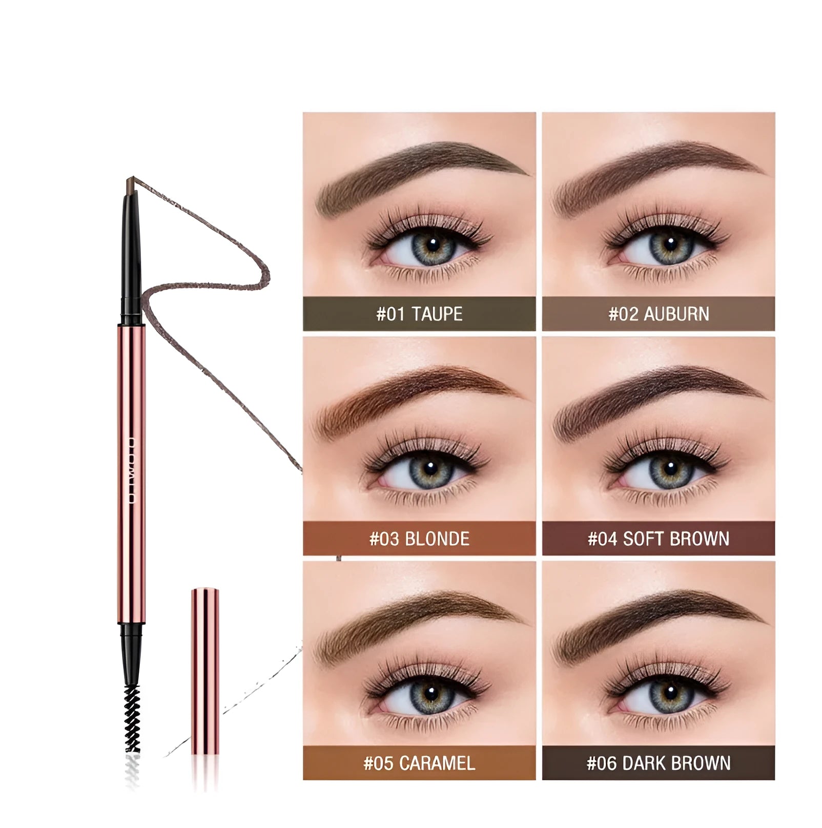 Eyebrow pencil in colour box with six shade options: Auburn, Blonde, Caramel, Dark Brown, Soft Brown, Taupe.