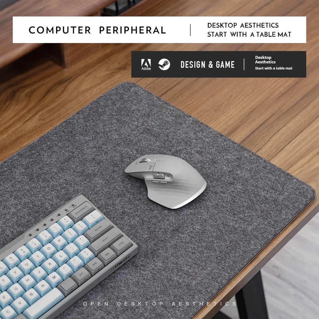 Japanese style grey felt cork oversized desk mouse mat with non-slip base.