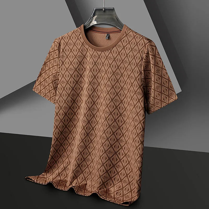 Men's round neck jacquard short sleeve casual shirt in polyester ice silk fabric
