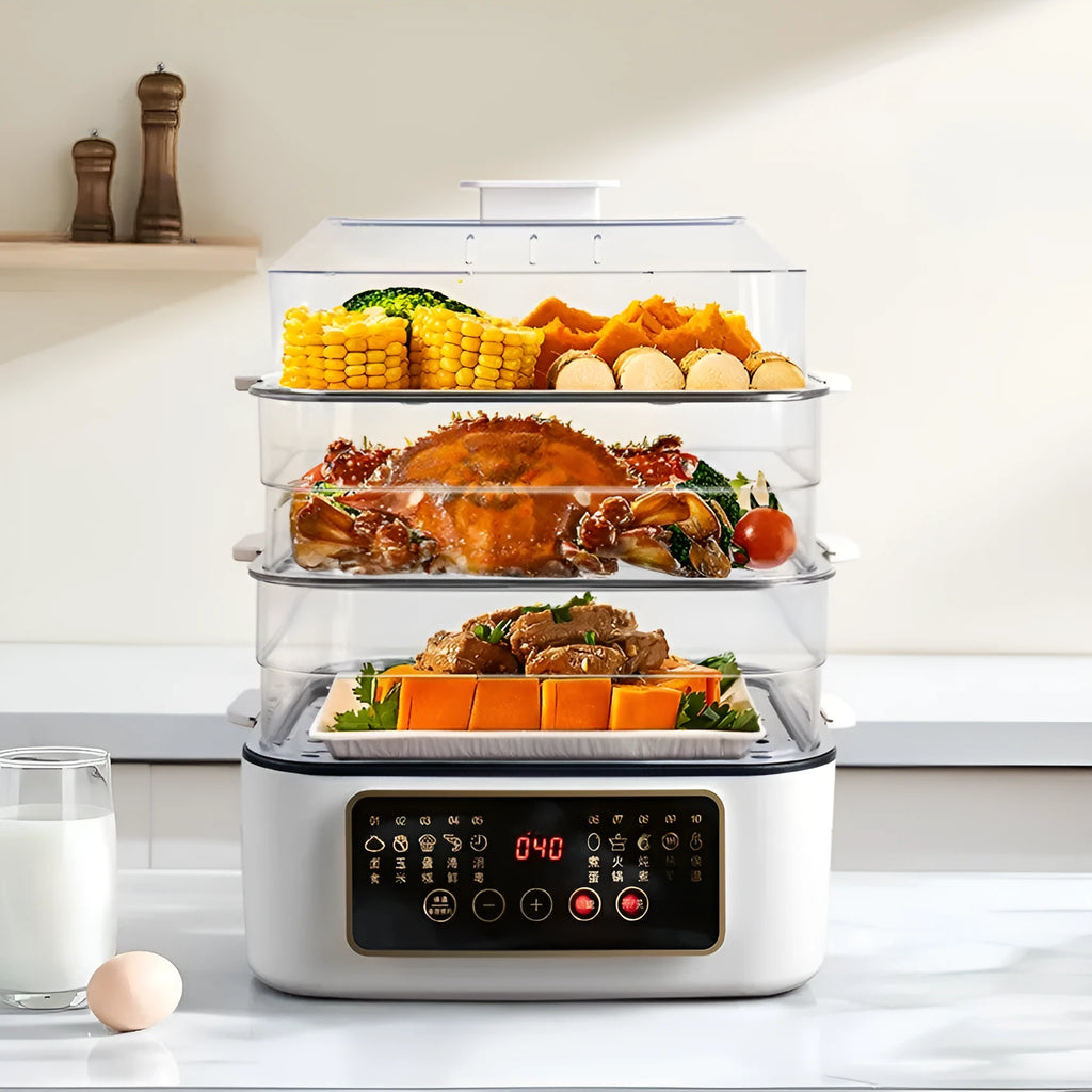 28-litre stainless steel electric steamer appliance with digital display and steaming rack.