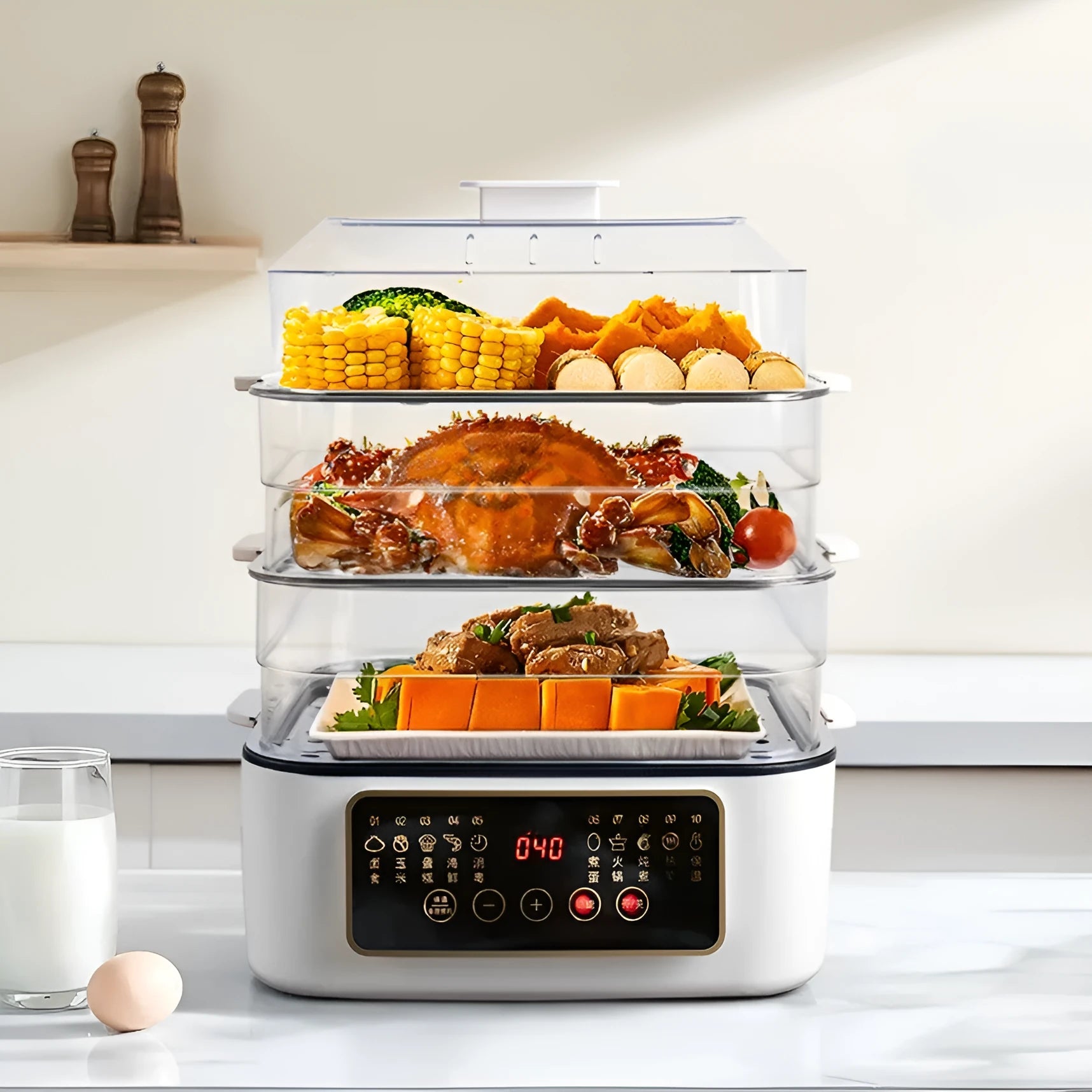 28-litre stainless steel electric steamer appliance with digital display and steaming rack.