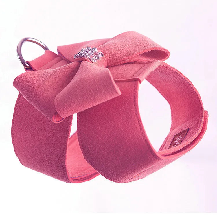 Bowknot dog chest strap harness in pink, blue, or orange colours with microfiber material and S/M/L/XL sizing