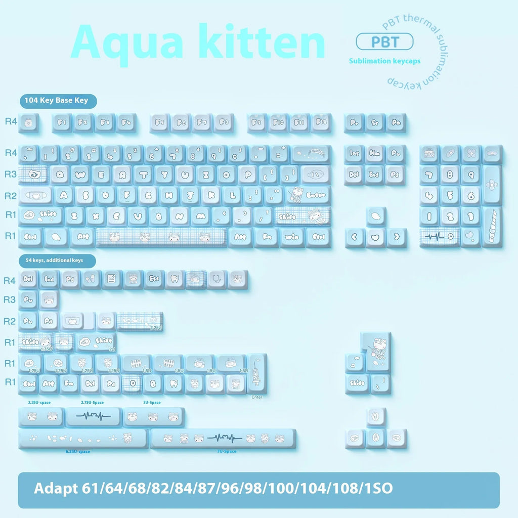 Watercolour cat design custom PTB keycap set for mechanical keyboards, showing 138 or 158 keys.