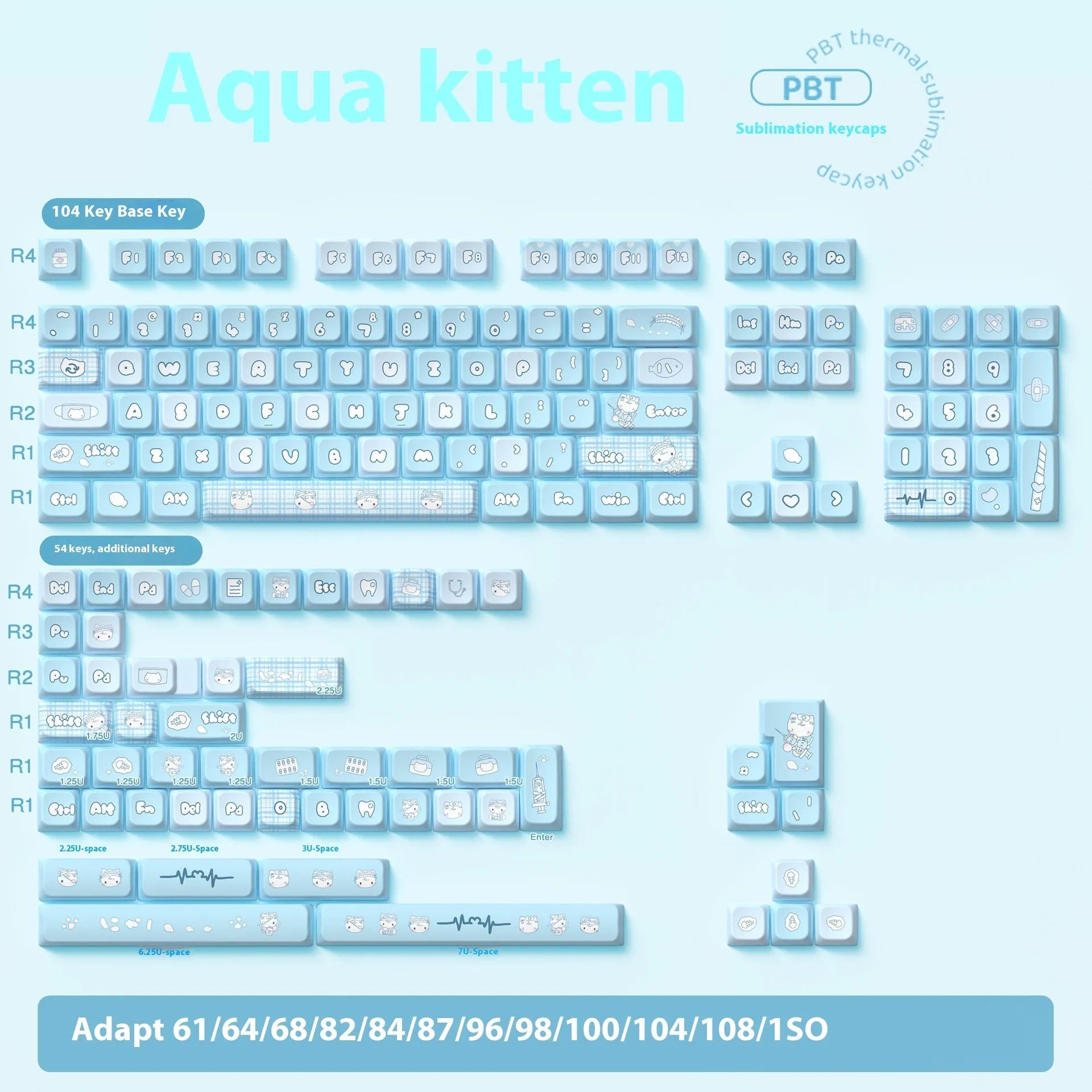 Watercolour cat design custom PTB keycap set for mechanical keyboards, showing 138 or 158 keys.