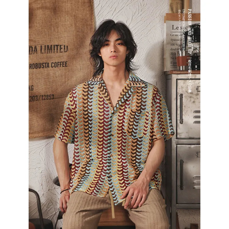 Japanese style Cuban collar men's shirt with jacquard pattern in grey and red colours