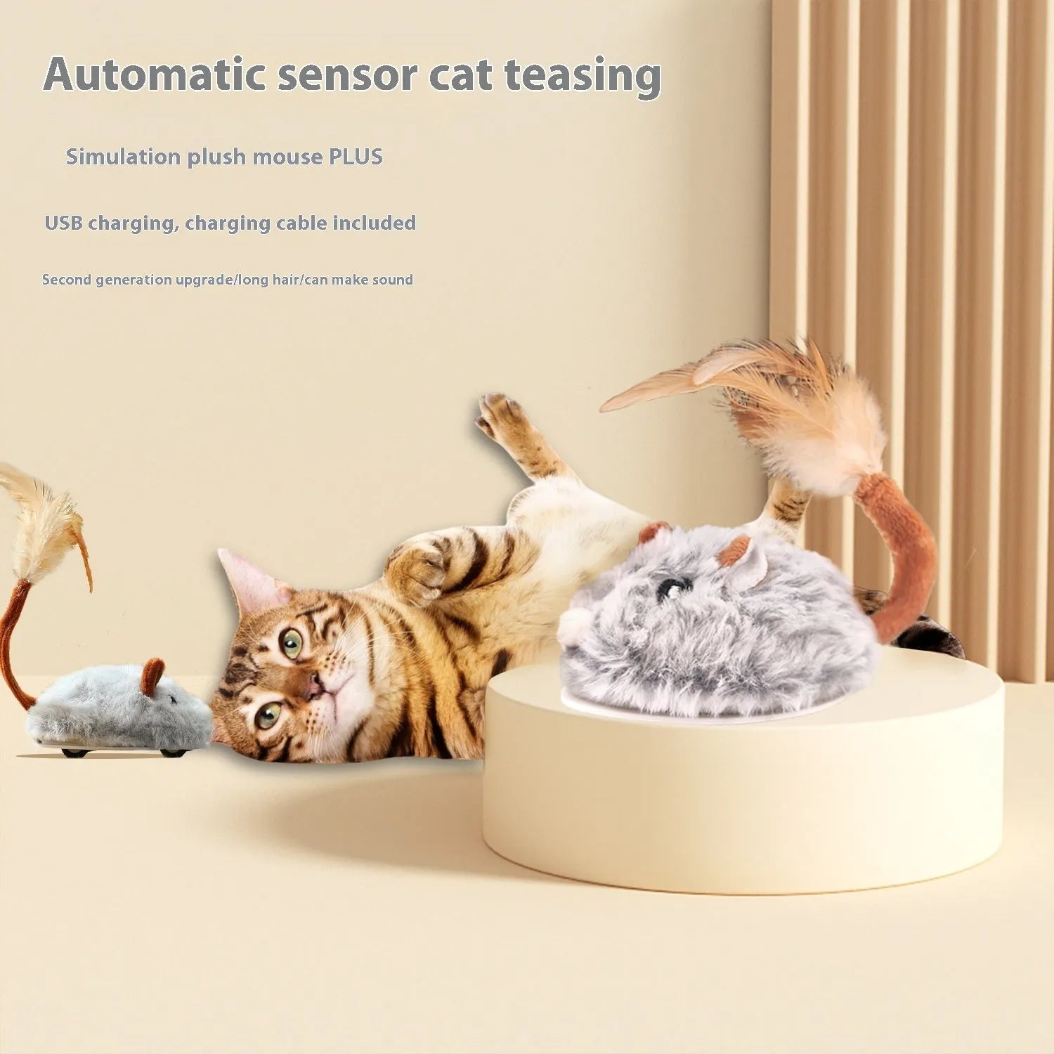 Electric cat pole toy with plush mouse in pink, purple or dark grey colours