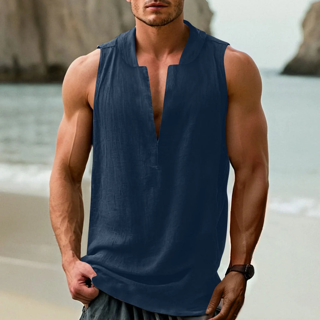 Casual men's sleeveless shirt in cotton linen blend, shown in mint green colour