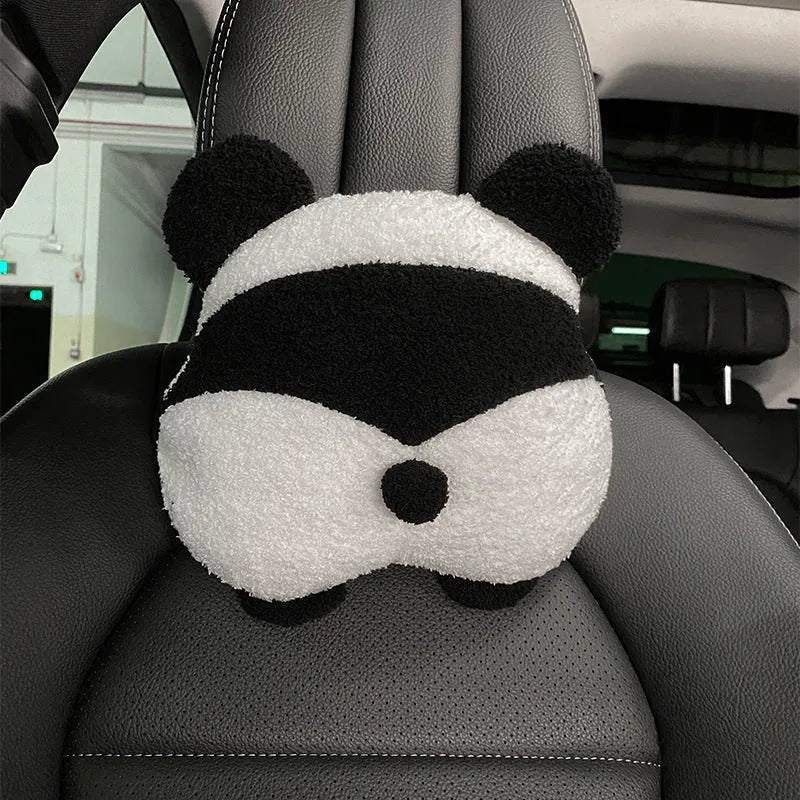 Plush cartoon panda car seat cushion set with front and rear covers, backrest, headrest, and lumbar support in winter design