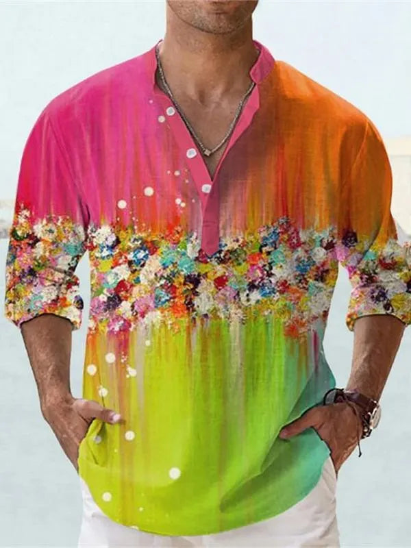 Men's bamboo hemp short sleeve shirt with striped pattern from 3D thermal transfer