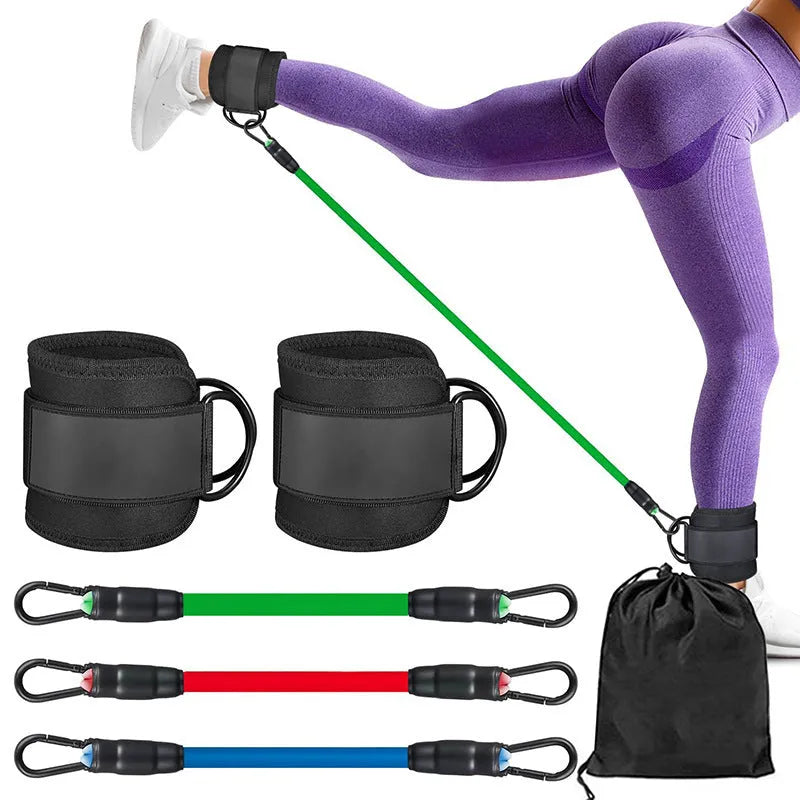 TPE leg resistance band set with three tension levels, foot loops, and storage bag for yoga hip lifting exercises