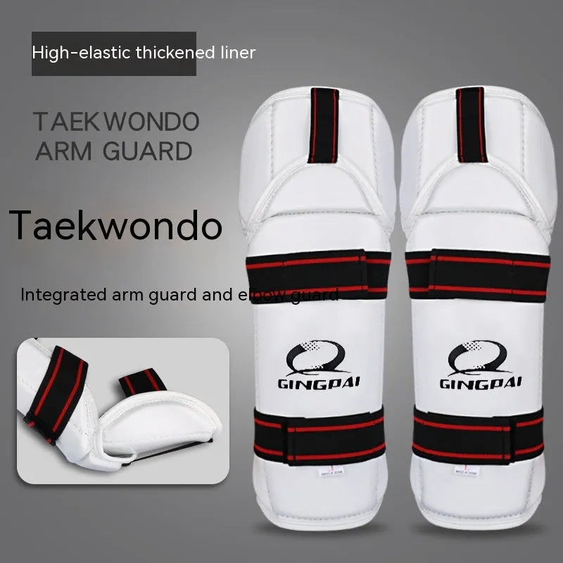 Taekwondo protective gear set showing arm guards and leg protectors in PU EVA foam construction