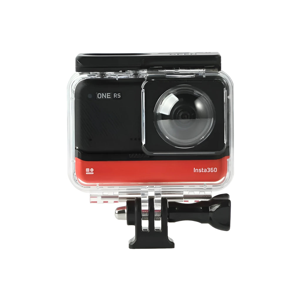 Transparent waterproof case for Insta360 One RS panoramic camera showing dimensions 9x8x4.5cm