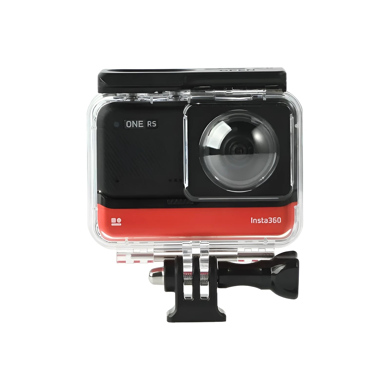 Transparent waterproof case for Insta360 One RS panoramic camera showing dimensions 9x8x4.5cm